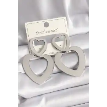 316L Çelik Gümüş Renk Kalp Model Kadın Küpe