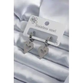 316L Çelik Gümüş Renk Kalp Model Kelebek İşleme Kadın Küpe