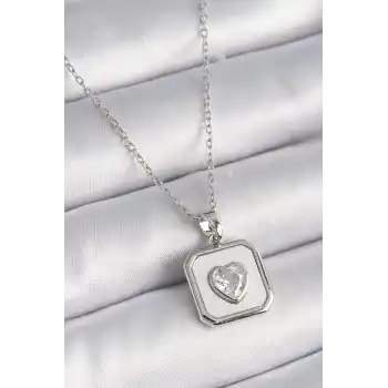 316L Çelik Gümüş Renk Kare Madalyon Kalp Zirkon Taş İşleme Kadın Kolye