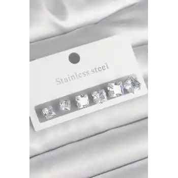 316L Çelik Gümüş Renk Kare Zirkon Taşlı Kadın Küpe Seti