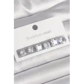 316L Çelik Gümüş Renk Kare Zirkon Taşlı Kadın Küpe Seti