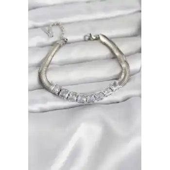 316L Çelik Gümüş Renk Kare Zirkon Taşlı Yılan Zincirli Kadın Bileklik