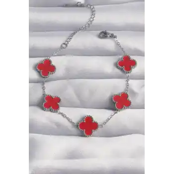 316L Çelik Gümüş Renk Kırmızı Mineli Yonca Bileklik