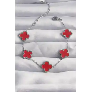 316L Çelik Gümüş Renk Kırmızı Mineli Yonca Bileklik