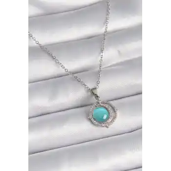 316L Çelik Gümüş Renk Mavi Sedefli Hilal Model Kadın Kolye