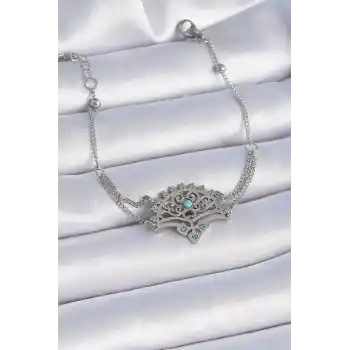 316L Çelik Gümüş Renk Mavi Taşlı Etnik Desen Kadın Bileklik