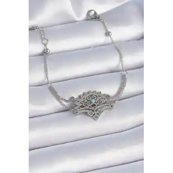 316L Çelik Gümüş Renk Mavi Taşlı Etnik Desen Kadın Bileklik