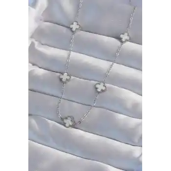 316L Çelik Gümüş Renk Minimal Beyaz Sedefli Yonca Kolye