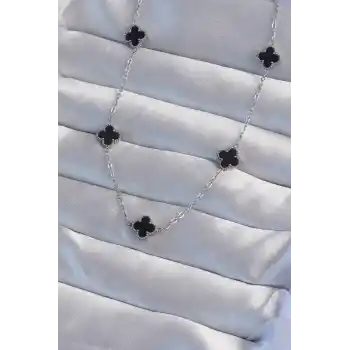 316L Çelik Gümüş Renk Minimal Siyah Mineli Yonca Kolye