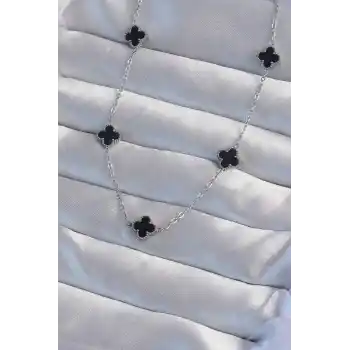 316L Çelik Gümüş Renk Minimal Siyah Mineli Yonca Kolye