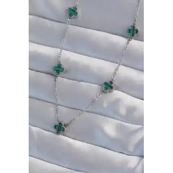 316L Çelik Gümüş Renk Minimal Yeşil Mineli Yonca Kolye