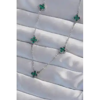 316L Çelik Gümüş Renk Minimal Yeşil Mineli Yonca Kolye