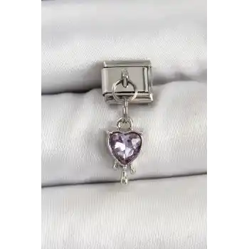 316L Çelik Gümüş Renk Mor Kalp Model Nomination Charm