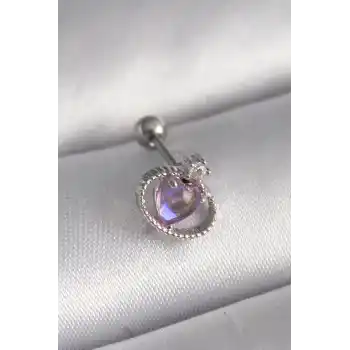 316L Çelik Gümüş Renk Mor Mineli Kalp Zirkon Taş Detay Tragus Piercing
