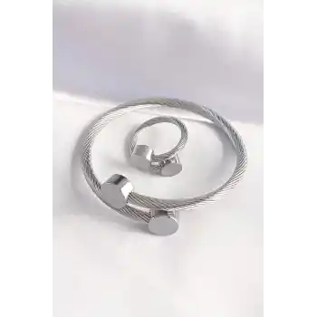 316L Çelik Gümüş Renk Oval Aksesuarlı Burgu Model Bileklik ve Yüzük Kombini
