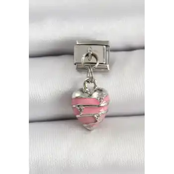 316L Çelik Gümüş Renk Pembe Kalp Model Nomination Charm