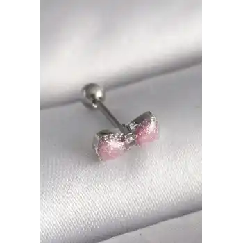 316L Çelik Gümüş Renk Pembe Kurdele Zirkon Taş Detay Tragus Piercing