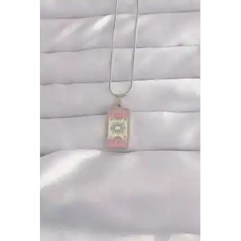 316L Çelik Gümüş Renk Pembe Mineli Ay Figür Tarot Kolye