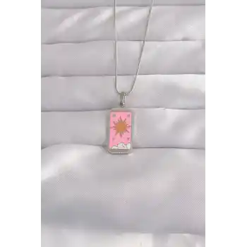 316L Çelik Gümüş Renk Pembe Mineli Güneş Model Tarot Kolye