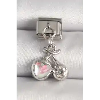 316L Çelik Gümüş Renk Pembe Mineli Kalp Zirkon Taş Detay Nomination Charm