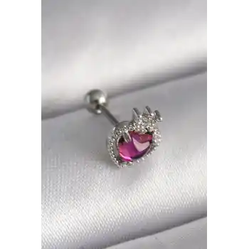 316L Çelik Gümüş Renk Pembe Mineli Kalp Zirkon Taş Detaylı Taç Tragus Piercing