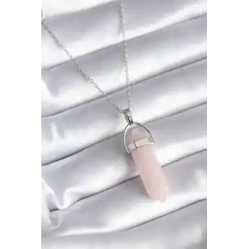 316L Çelik Gümüş Renk Pembe Taşlı Kadın Kolye