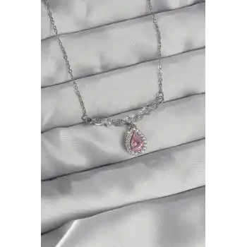 316L Çelik Gümüş Renk Pembe Zirkon Taşlı Damla Kolye