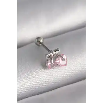 316L Çelik Gümüş Renk Pembe Zirkon Taşlı Kalp Tragus Piercing