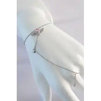 316L Çelik Gümüş Renk Pembe Zirkon Taşlı Kanatlı Kalp Model Şahmeran