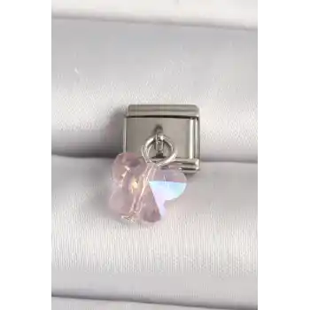316L Çelik Gümüş Renk Pembe Zirkon Taşlı Kelebek Model Nomination Charm