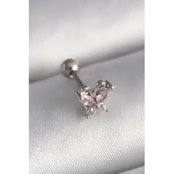 316L Çelik Gümüş Renk Pembe Zirkon Taşlı Kelebek Tragus Piercing
