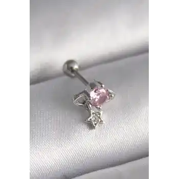 316L Çelik Gümüş Renk Pembe Zirkon Taşlı Sallantı Yıldız Detay Tragus Piercing