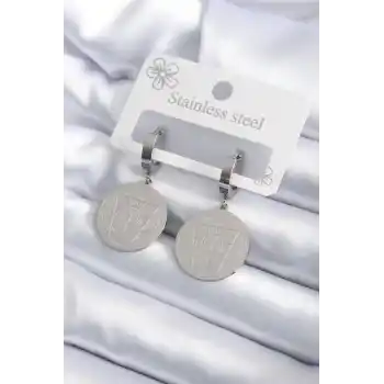 316L Çelik Gümüş Renk Pentagram İşleme Model Kadın Küpe