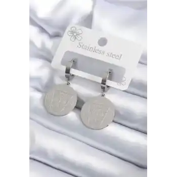 316L Çelik Gümüş Renk Pentagram İşleme Model Kadın Küpe