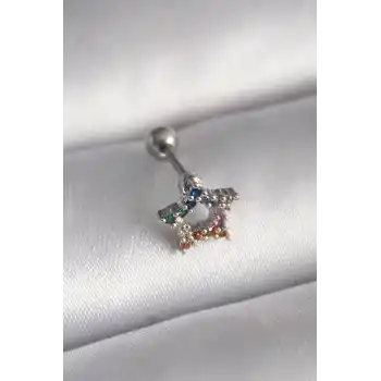 316L Çelik Gümüş Renk Renkli Zirkon Taşlı Yıldız Model Tragus Piercing