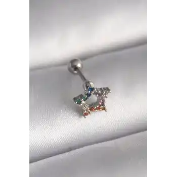 316L Çelik Gümüş Renk Renkli Zirkon Taşlı Yıldız Model Tragus Piercing
