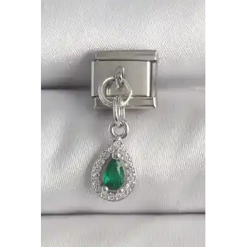 316L Çelik Gümüş Renk Sallantı Yeşil Zirkon Taşlı Damla Model Nomination Charm