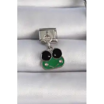 316L Çelik Gümüş Renk Sallantılı Yeşil Kurbağa Figür Nomination Charm
