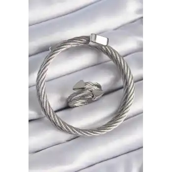 316L Çelik Gümüş Renk Sarmal Model Erkek Bileklik Yüzük Kombini