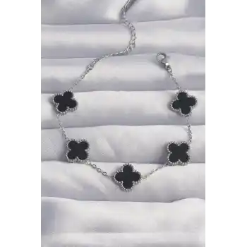 316L Çelik Gümüş Renk Siyah Mineli Yonca Bileklik