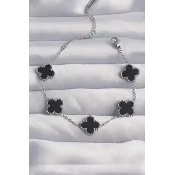 316L Çelik Gümüş Renk Siyah Mineli Yonca Bileklik