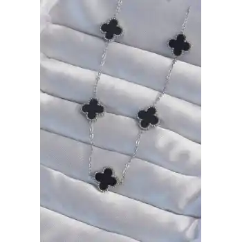 316L Çelik Gümüş Renk Siyah Mineli Yonca Kolye