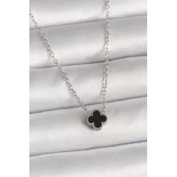 316L Çelik Gümüş Renk Siyah Yonca Model Kadın Kolye