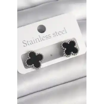 316L Çelik Gümüş Renk Siyah Yonca Model Kadın Küpe