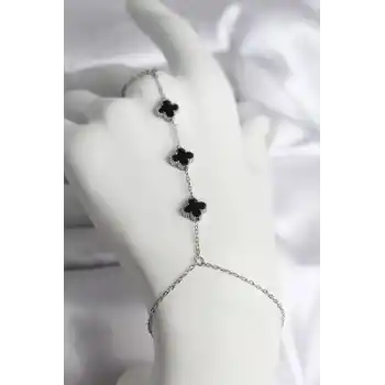 316L Çelik Gümüş Renk Siyah Yonca Model Kadın Şahmeran