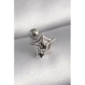 316L Çelik Gümüş Renk Siyah Zirkon Taş Detay Örümcek Ağ Model Tragus Piercing