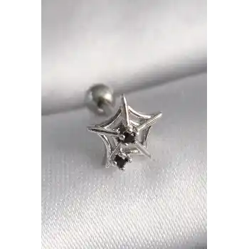 316L Çelik Gümüş Renk Siyah Zirkon Taş Detay Örümcek Ağ Model Tragus Piercing