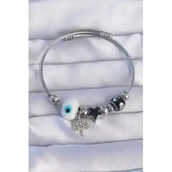 316L Çelik Gümüş Renk Siyah Zirkon Taşlı Yıldız Tasarımlı Ağaç Detay Nazarlı Charm Bileklik