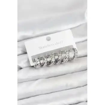 316L Çelik Gümüş Renk Su Yolu Halka Küpe Seti