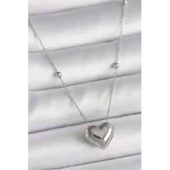 316L Çelik Gümüş Renk Topçuk Detay Zincir Kalp Model Kadın Kolye